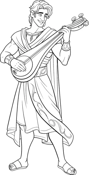 A smiling young god in a robe and sandals plays a round stringed instrument.