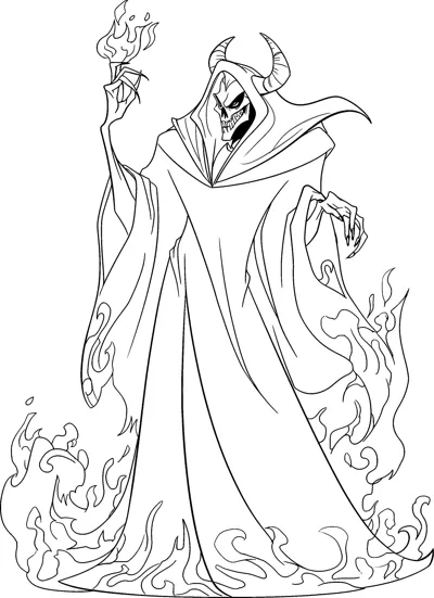 A hooded horned skeleton in a long robe holds a flame above its hand.