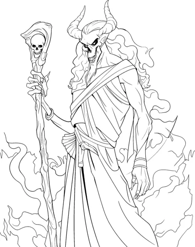 A horned skeleton in flowing robes holds a tall skull-topped staff amid smoke.