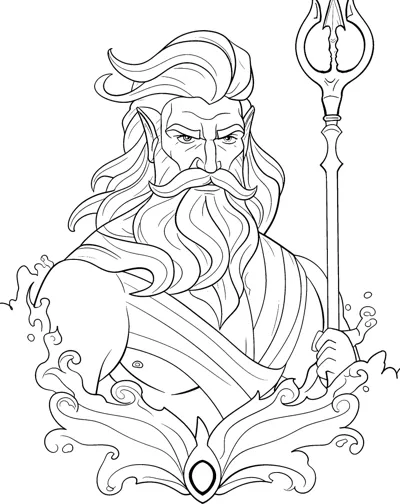 A close-up of a long-bearded sea god gripping a trident framed by waves.