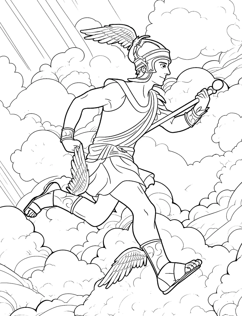 A young god with a winged helmet and sandals flies through clouds holding a staff.
