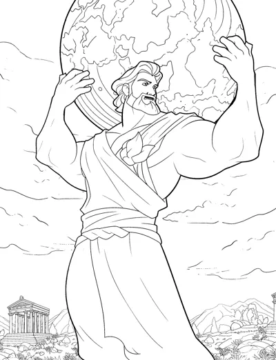 A bearded titan in robes holds a globe overhead with a temple and hills below.