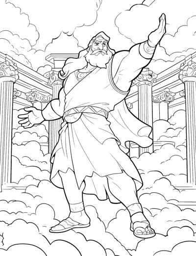 A bearded god in robes raises one arm while striding among columns and clouds.