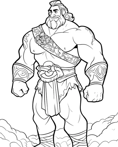 A bearded muscular hero in a patterned sash and arm bands stands on clouds.
