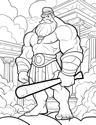 A muscular bearded hero in a headband holds a wooden club near temple columns.