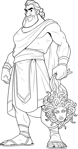 A muscular hero in a tunic holds a severed head with snakes for hair.