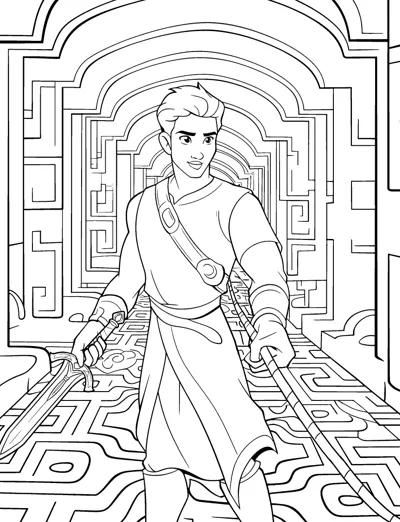 A young hero holds a sword while walking through a maze of patterned stone walls.