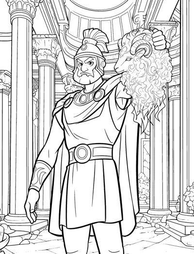 A bearded hero in a crested helmet carries a ram with a curly fleece on his shoulder.