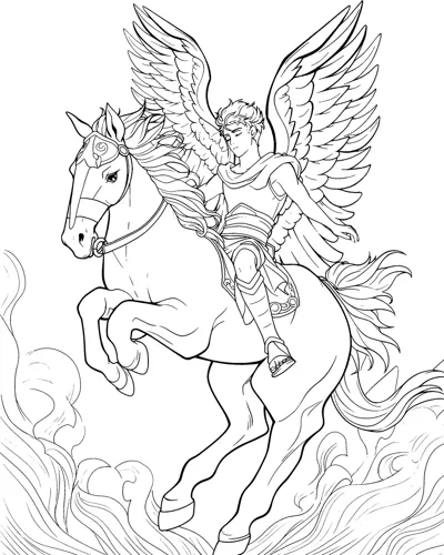 A hero rides a rearing winged horse with feathers and clouds swirling around.