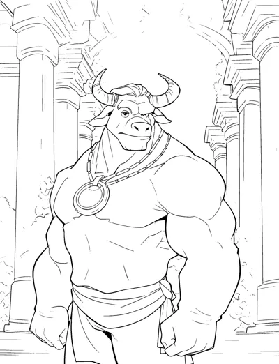 A muscular bull-headed warrior with a medallion stands in a columned hall.