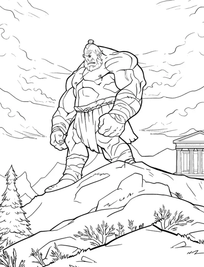 A bearded hero with a headband stands on a rocky ridge with a temple far below.