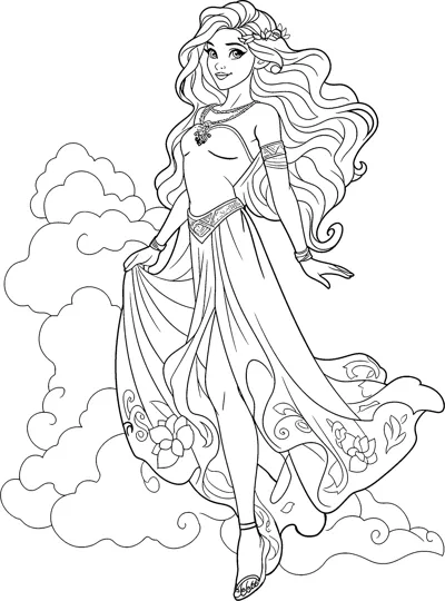 A goddess with long wavy hair and a flower crown stands in a flowing gown among clouds.