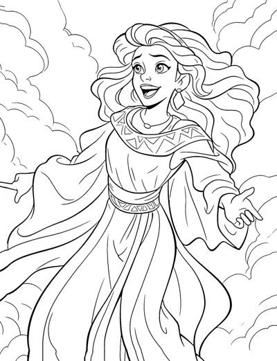 A goddess with long wavy hair and a draped robe gestures with one hand among clouds.