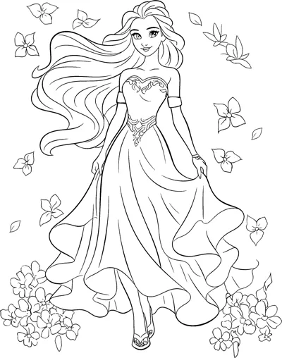 A goddess with long hair stands in a flowing gown as flowers and petals drift around.