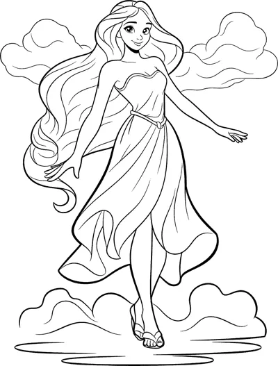 A goddess in a short flowing dress steps lightly across clouds with arms out.
