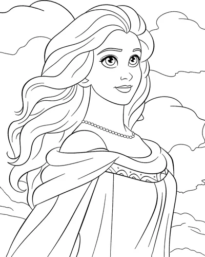 A close-up of a goddess with wavy hair, a pearl necklace, and an off-shoulder gown.