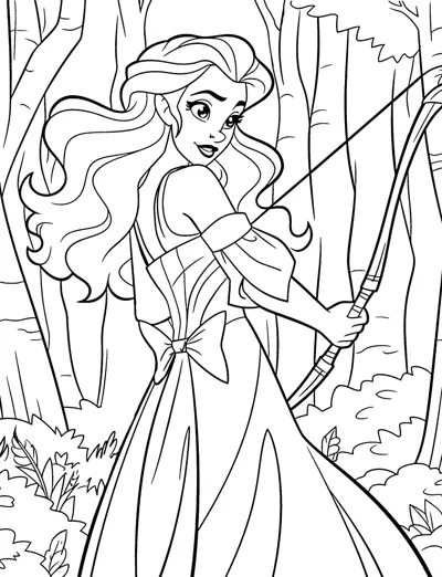 A long-haired huntress in a dress draws a bow among tall forest trees.