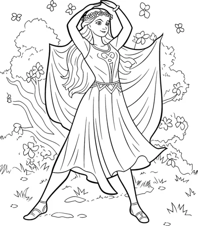 A goddess in a draped dress and headband poses with one hand raised in a flowery meadow.