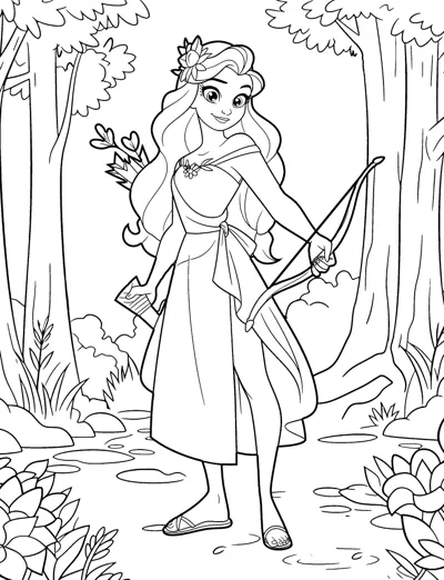 A goddess with a flower in her hair holds a bow and arrows while walking through woods.