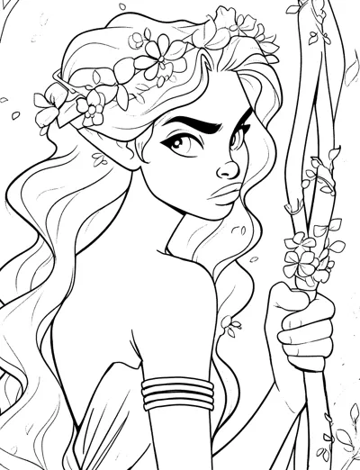 A close-up of a pointed-eared huntress wearing a flower crown and holding a bow.