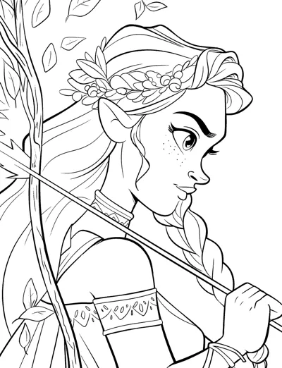 A side view of a freckled archer with pointed ears, a leaf crown, and a drawn bow.
