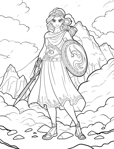 A goddess in armor holds a sword and round shield on a rocky mountain path.
