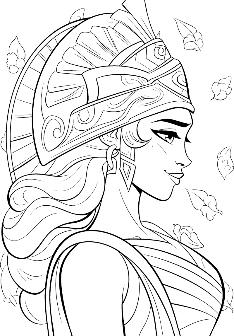 A side view of a smiling goddess wearing a crested helmet with leaves drifting by.