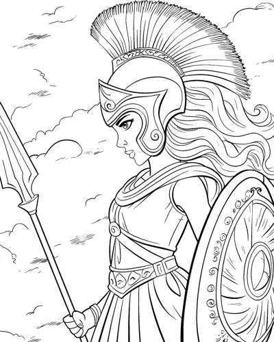 A goddess in a bristled crested helmet holds a spear and shield under cloudy skies.
