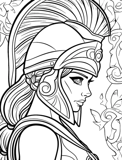 Close-up of a woman in an ornate crested helmet with long wavy hair flowing over her armor.