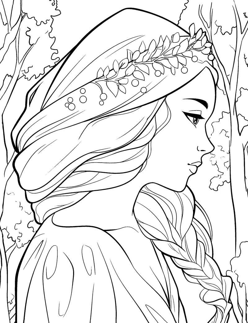 A woman in profile wearing a veil and a crown of leaves, standing among forest trees.