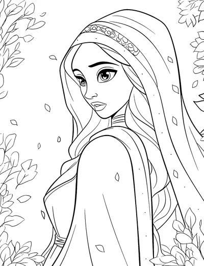 A young woman with a long veil over her hair looks forward while leaves drift around her.