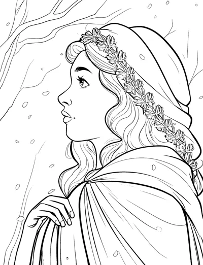 A woman in profile wearing a hooded cloak and a crown of small flowers, bare branches behind her.