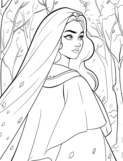A woman in a long veil glances over her shoulder while standing in a leafy forest.