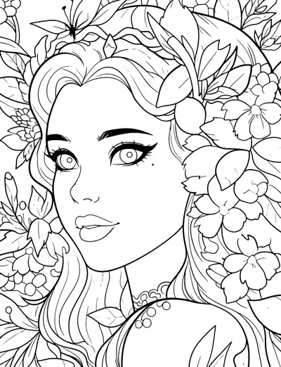 Close-up of a woman's face with large flowers and leaves woven through her wavy hair.