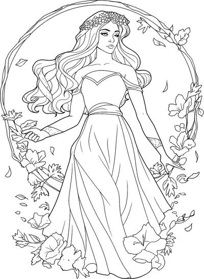 A woman in a long gown and flower crown stands inside a circular arch of vines and blossoms.