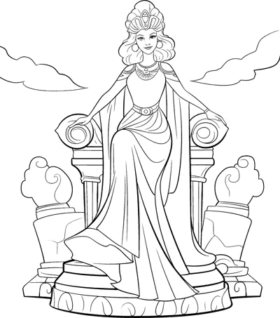 A crowned woman sits on a stone throne surrounded by puffy clouds.