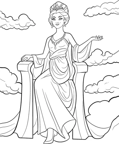 A woman in a draped gown sits on a cloud throne with one hand held out.