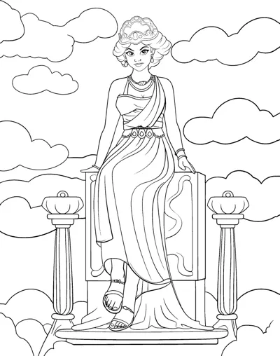 A crowned woman in a long dress sits on a throne between two columns among clouds.