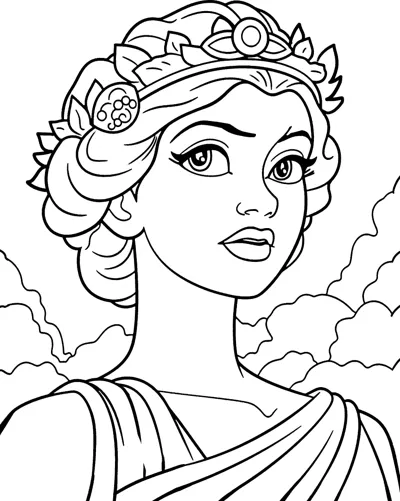 Portrait of a woman with braided hair, a tiara and flowers, with clouds behind her.