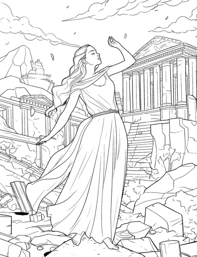 A woman in a long gown raises one arm among broken columns and fallen stones of a ruined temple.