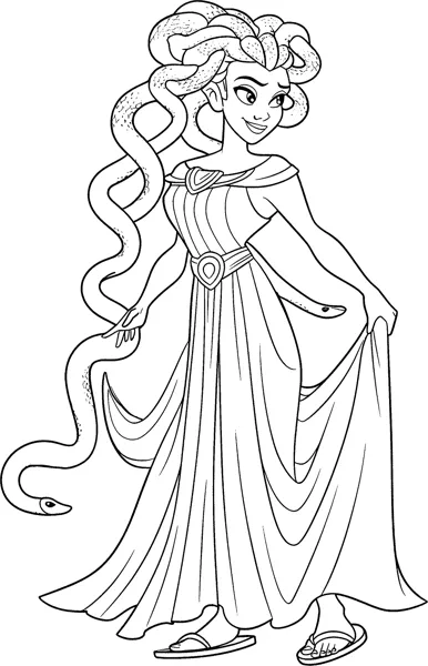 A smiling woman with snakes for hair lifts the hem of her long gown and wears sandals.