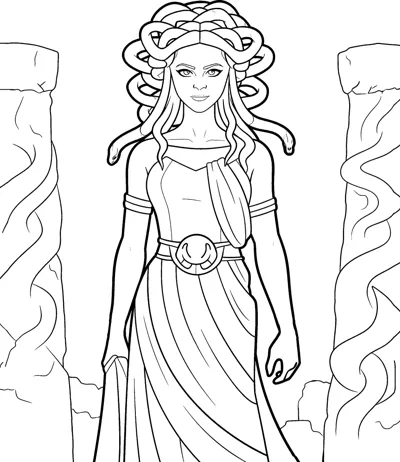 A woman with snake hair stands in a long dress between two tall stone columns.