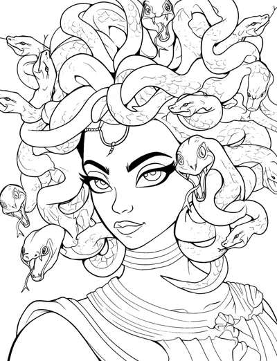 Close-up of a woman's face with a crown of hissing snakes for hair and sharp eyes.
