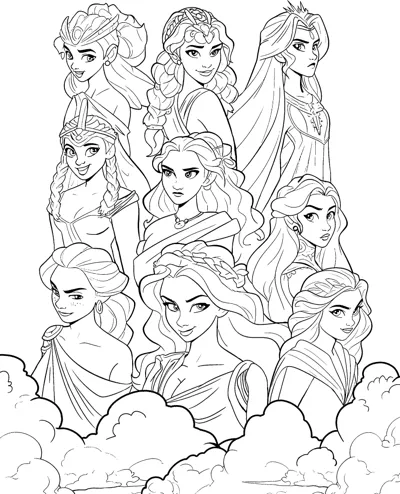 Nine women with different hairstyles and crowns are grouped together above a bank of clouds.