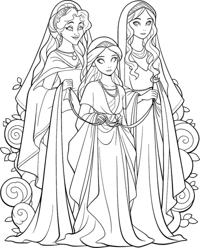 Three robed women stand together, one holding a long thread stretched between her hands.