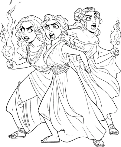 Three angry women in robes rush forward holding flaming torches.