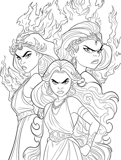 Three scowling women with hair that turns into flames, wearing crowns and jewelry.