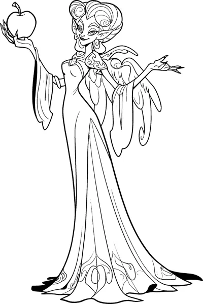 A woman in a long patterned gown holds an apple high in one hand and smiles.