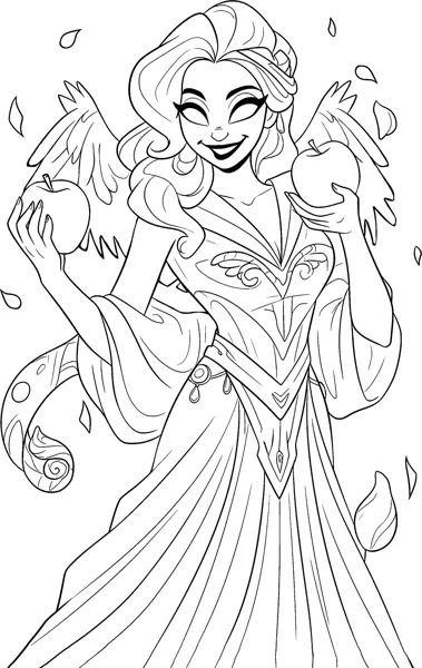 A smiling winged woman in a long dress holds an apple in each hand as petals fall.