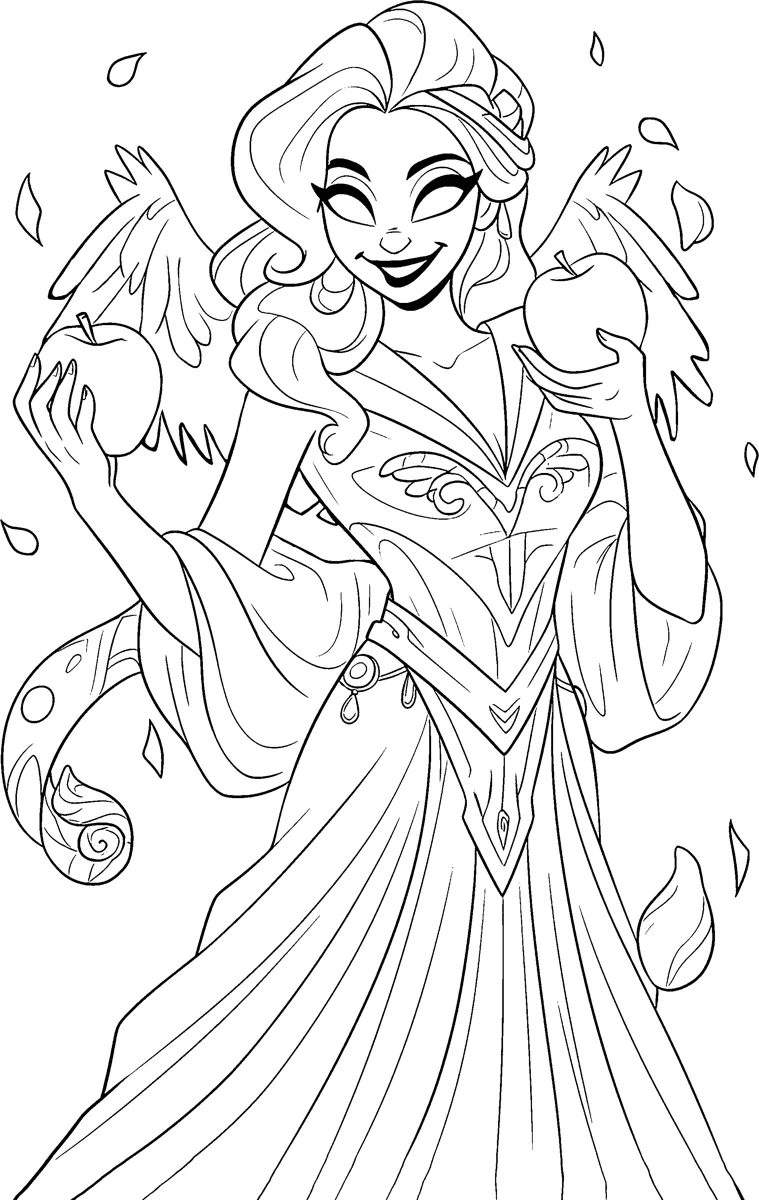 A smiling winged woman in a long dress holds an apple in each hand as petals fall.
